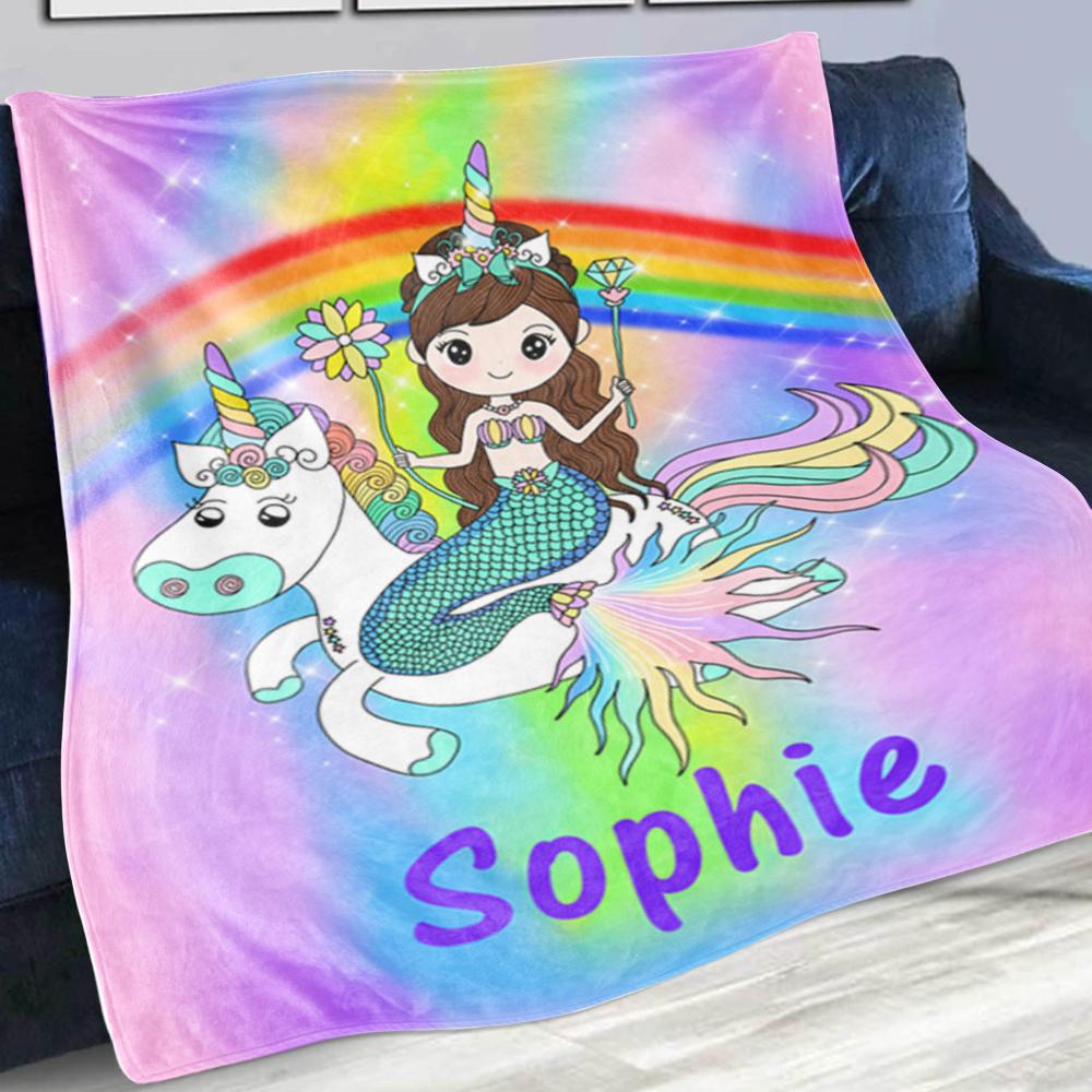 Custom Mermaid & Rainbow Unicorn Cozy Plush Fleece Blanket