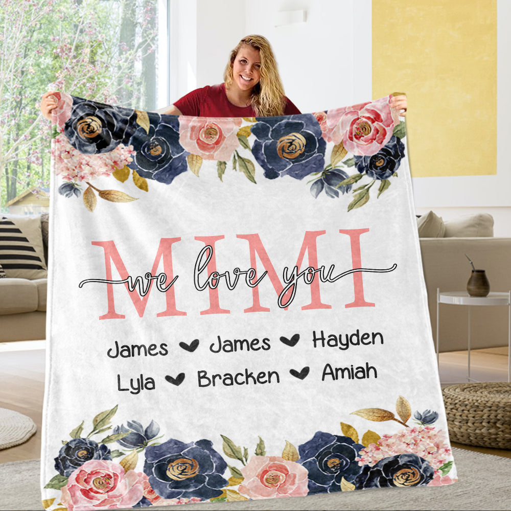 Custom Navy & Pink  Floral Cozy Plush Fleece Blankets with Your Nick & Kids' Names