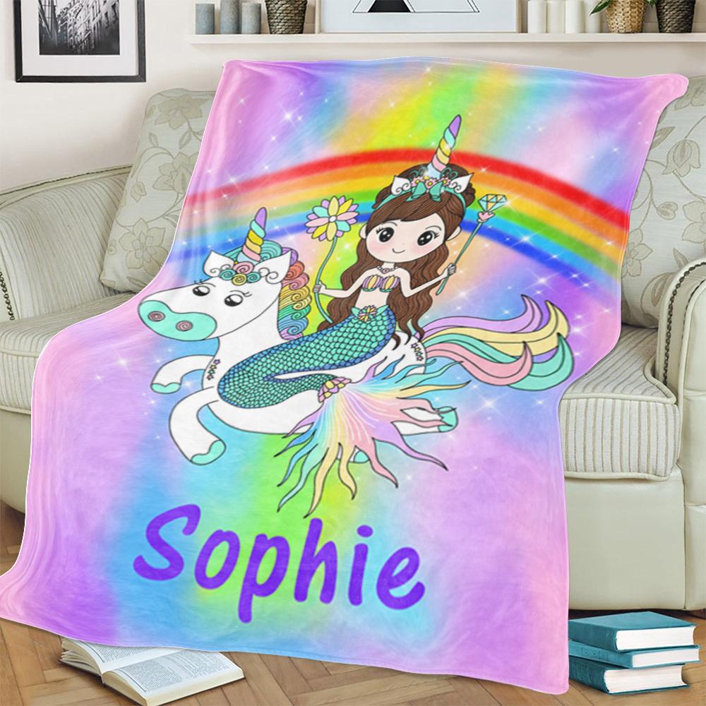 Custom Mermaid & Rainbow Unicorn Cozy Plush Fleece Blanket