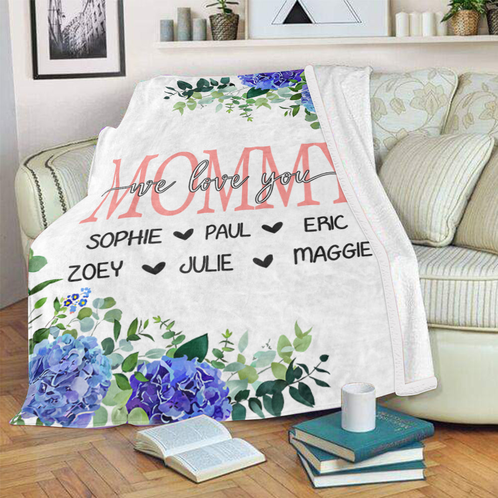 Custom Blue Floral Cozy Plush Fleece Blankets with Your Nick & Kids' Names