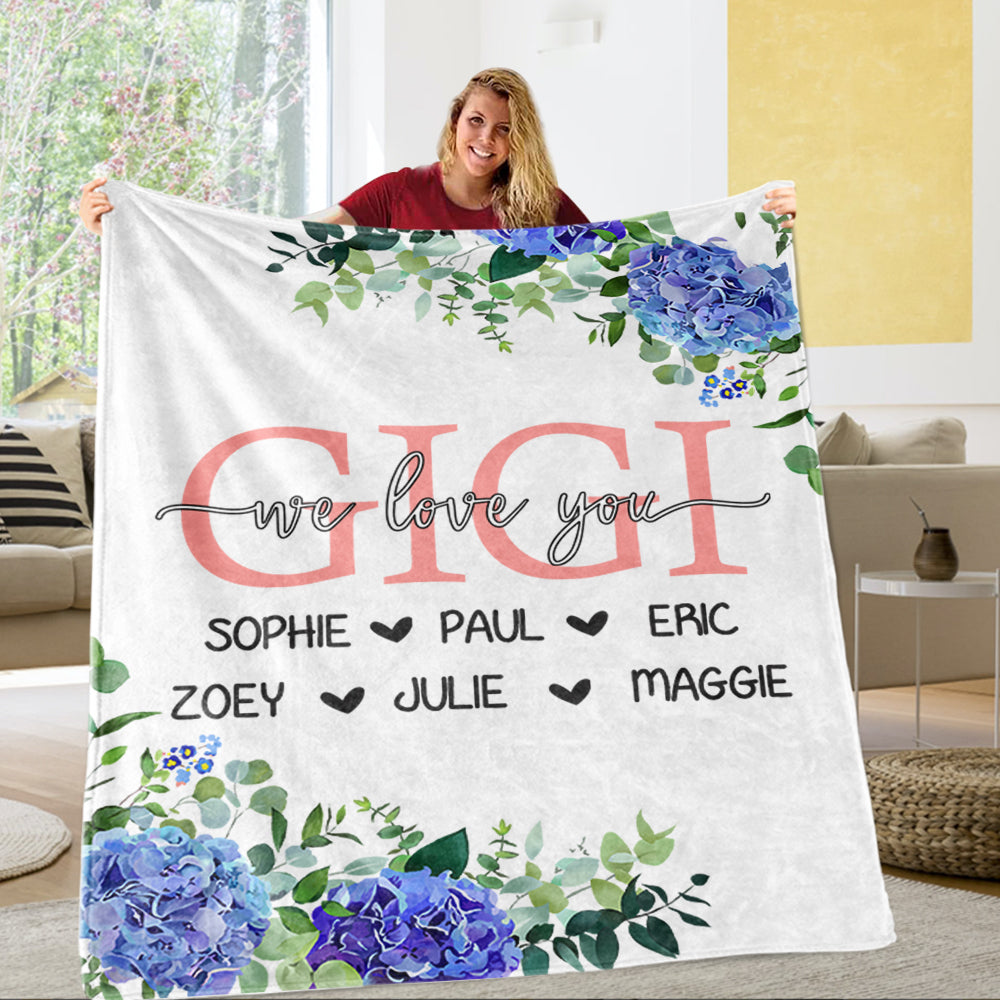 Custom Blue Floral Cozy Plush Fleece Blankets with Your Nick & Kids' Names