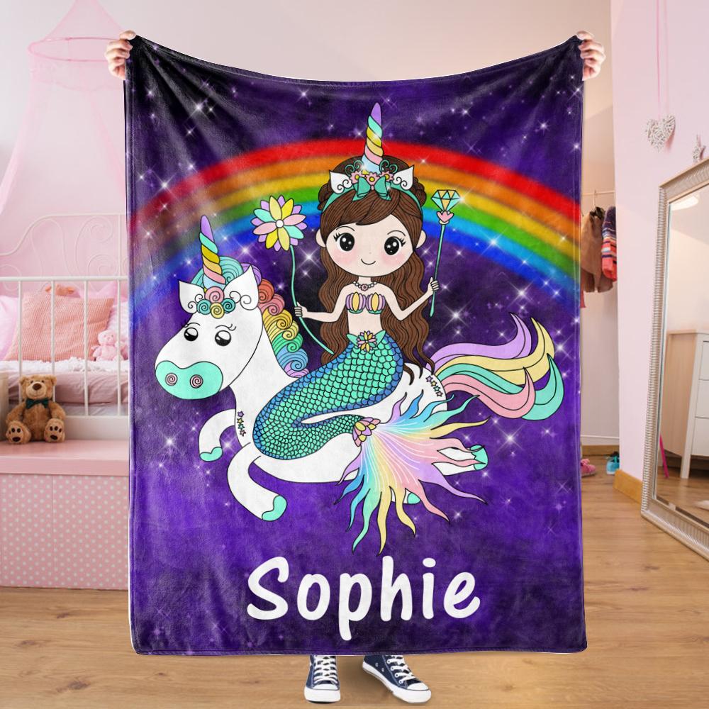 Custom Mermaid & Rainbow Unicorn Cozy Plush Fleece Blanket Purple