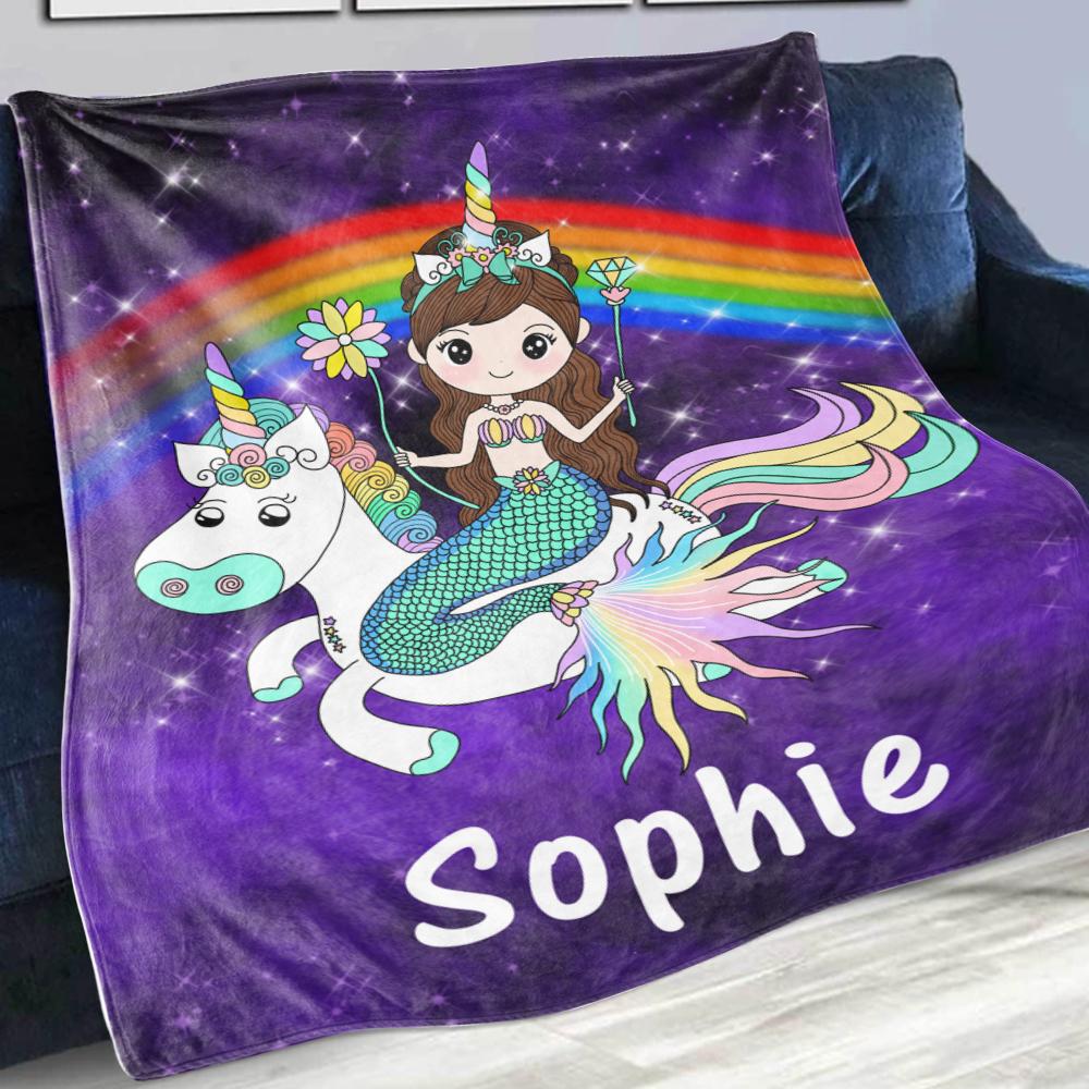 Custom Mermaid & Rainbow Unicorn Cozy Plush Fleece Blanket Purple