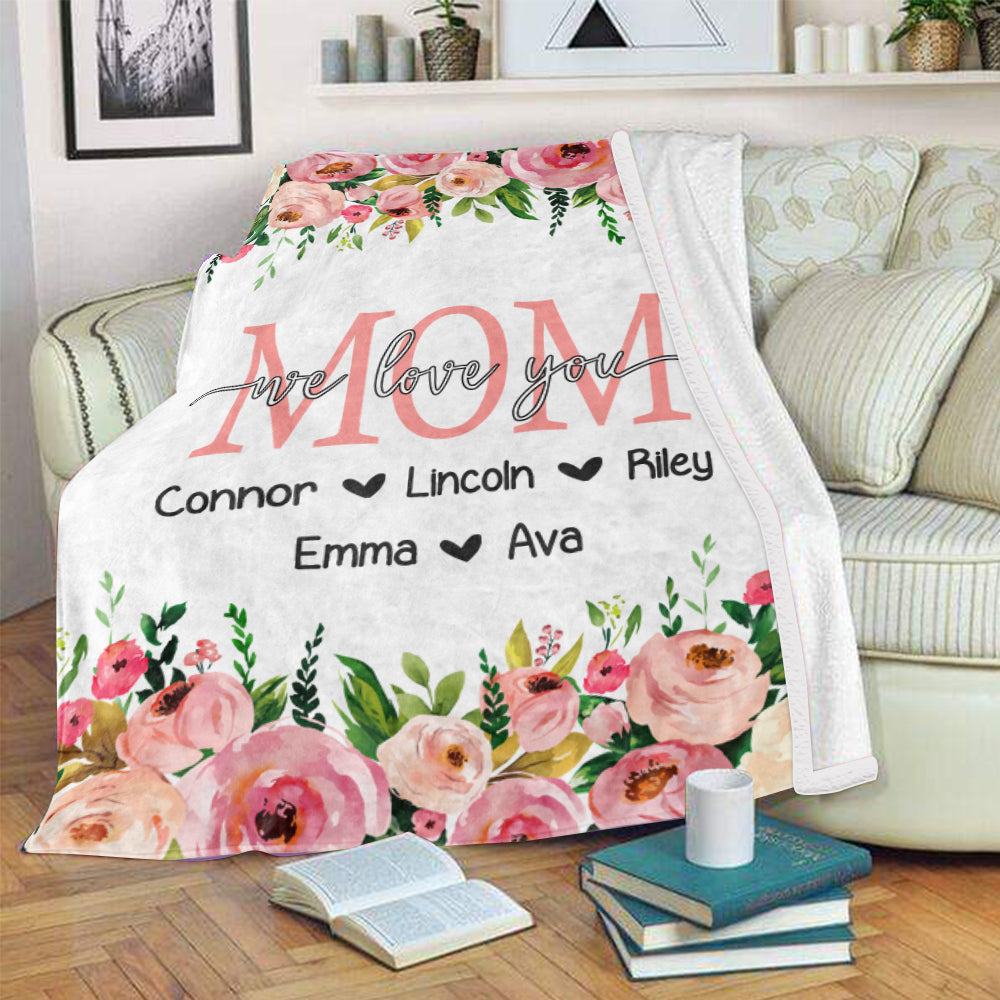 Personalized Pink Floral Cozy Plush Fleece Blankets with Your Nick & Kids' Names