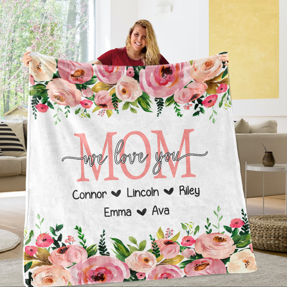 Personalized Pink Floral Cozy Plush Fleece Blankets with Your Nick & Kids' Names