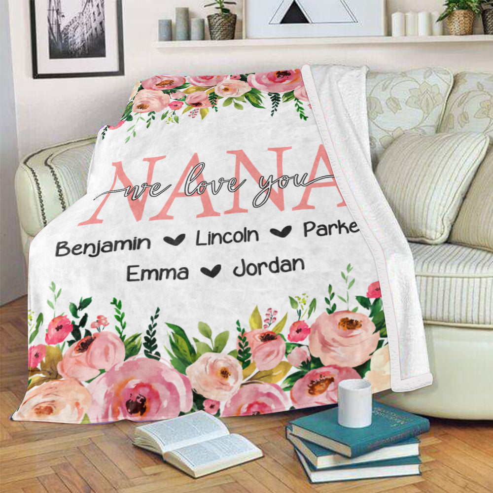 Personalized Pink Floral Cozy Plush Fleece Blankets with Your Nick & Kids' Names