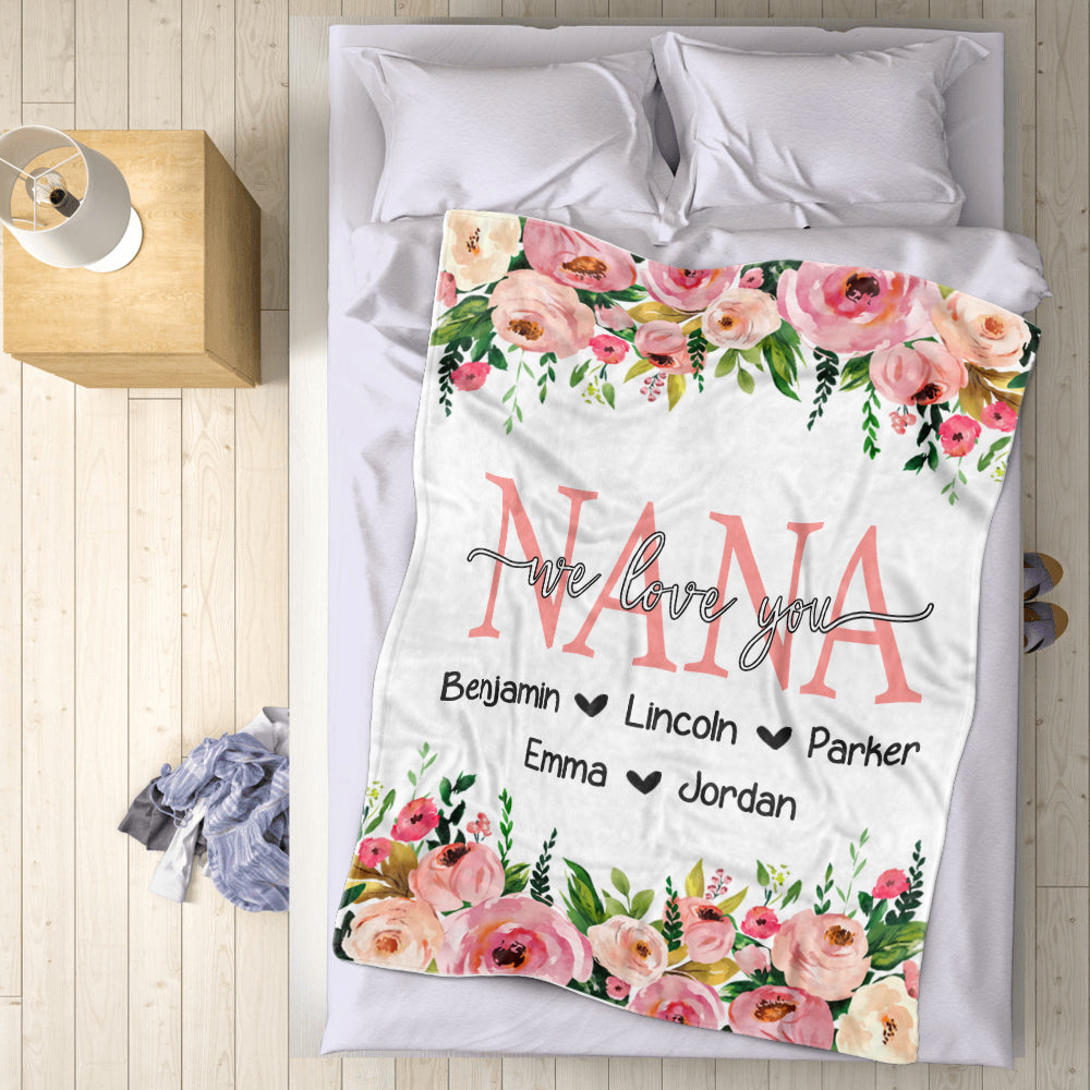 Personalized Pink Floral Cozy Plush Fleece Blankets with Your Nick & Kids' Names