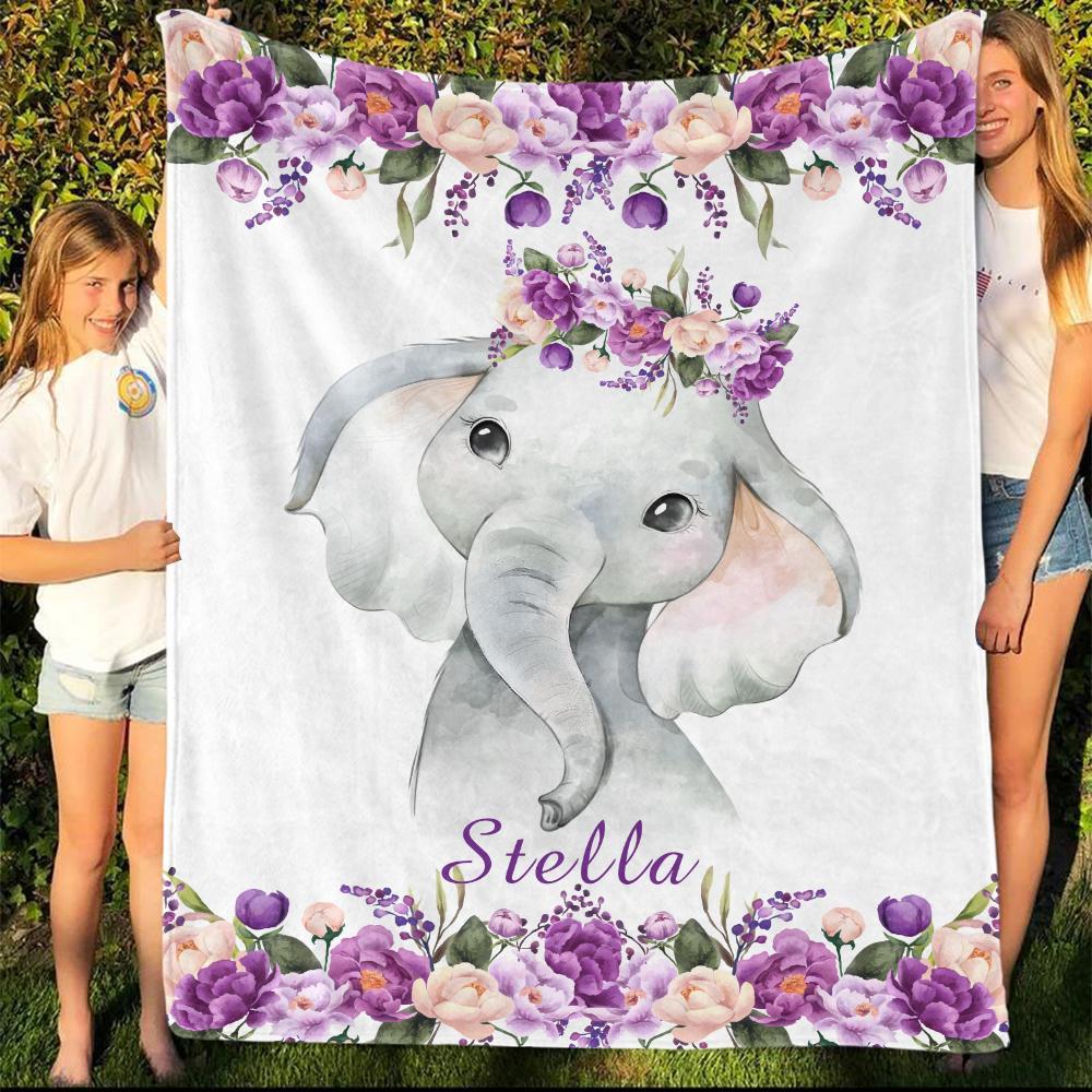 Personalized Name Fleece Blanket 13-Elephant