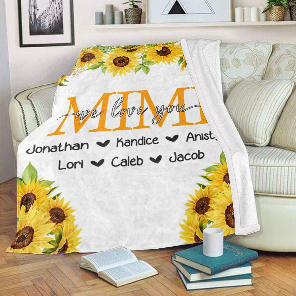 Personalized Sunflower Cozy Plush Fleece Blankets with Your Nick & Kids' Names