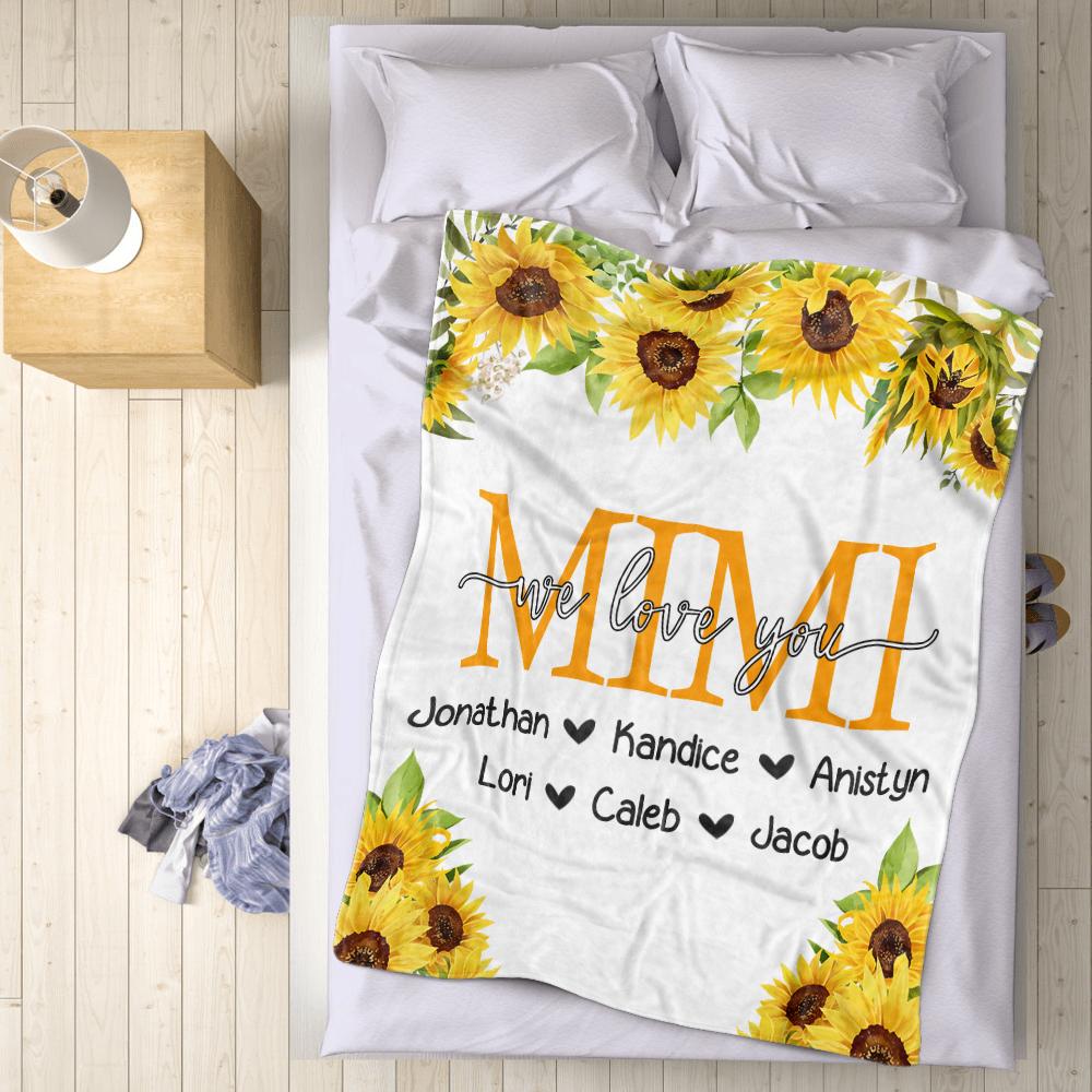 Personalized Sunflower Cozy Plush Fleece Blankets with Your Nick & Kids' Names