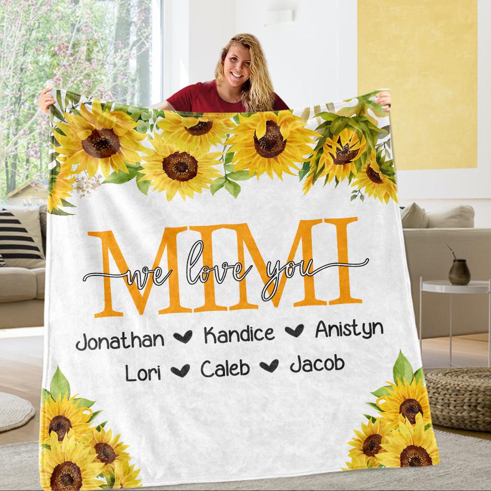 Personalized Sunflower Cozy Plush Fleece Blankets with Your Nick & Kids' Names