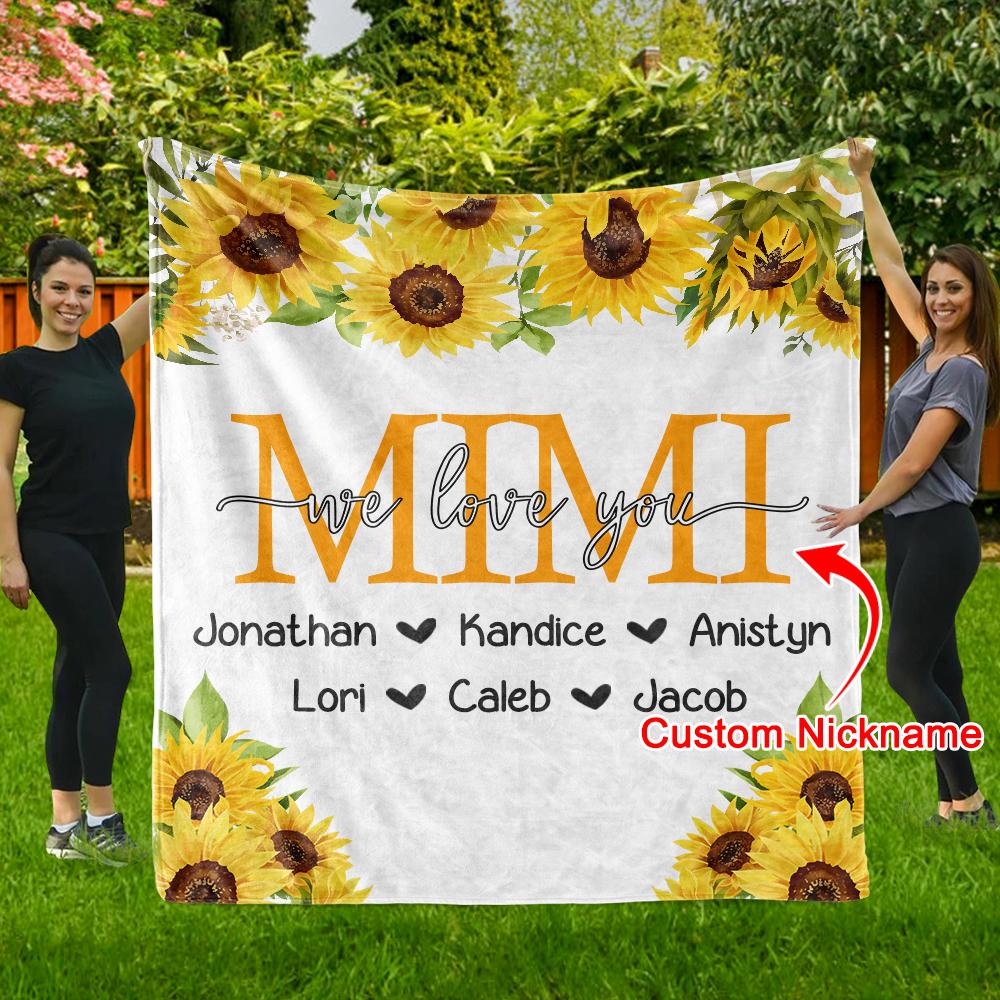 Personalized Sunflower Cozy Plush Fleece Blankets with Your Nick & Kids' Names