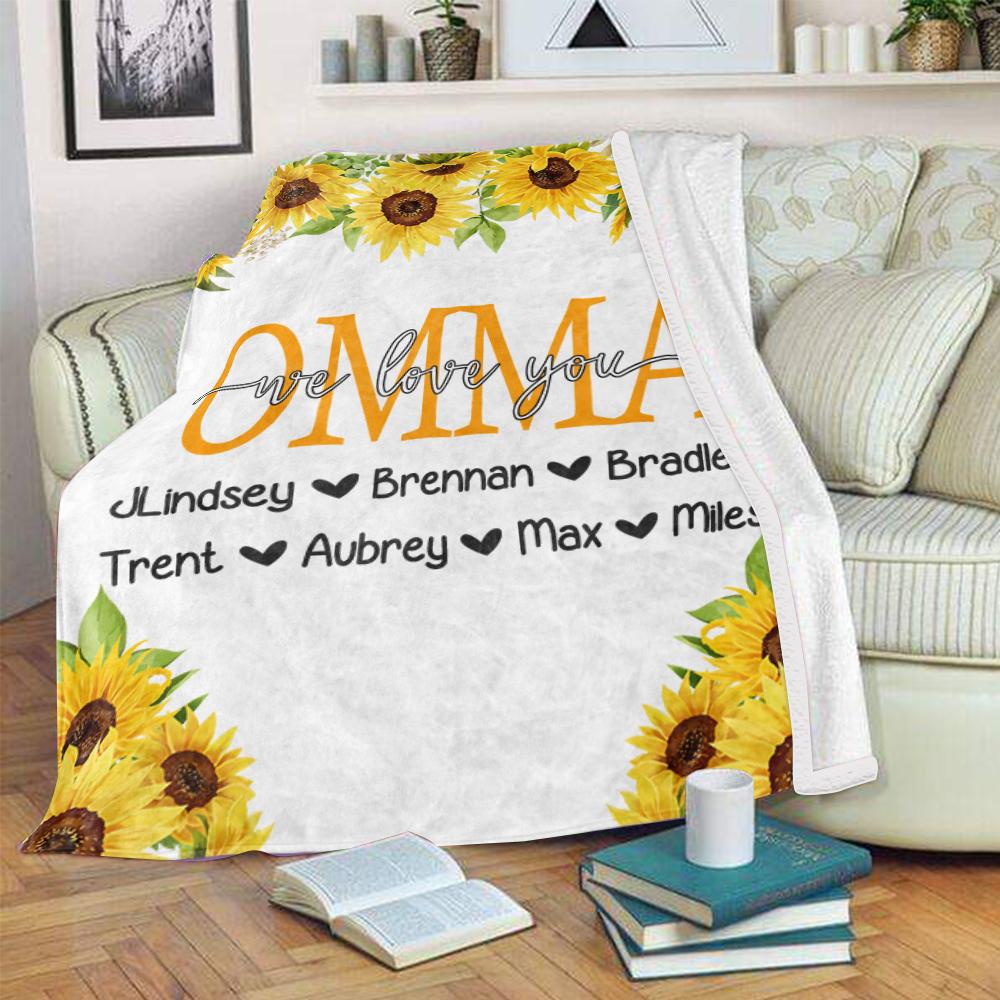 Personalized Sunflower Cozy Plush Fleece Blankets with Your Nick & Kids' Names