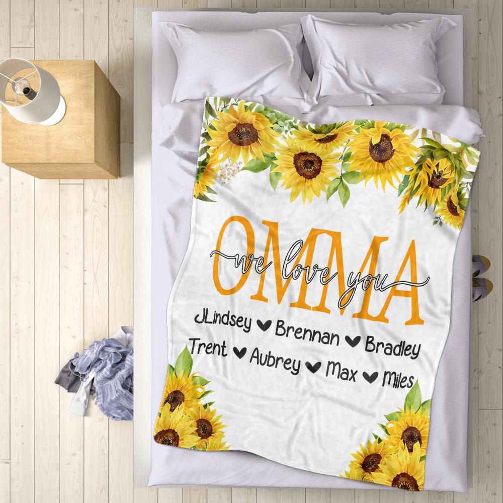 Personalized Sunflower Cozy Plush Fleece Blankets with Your Nick & Kids' Names