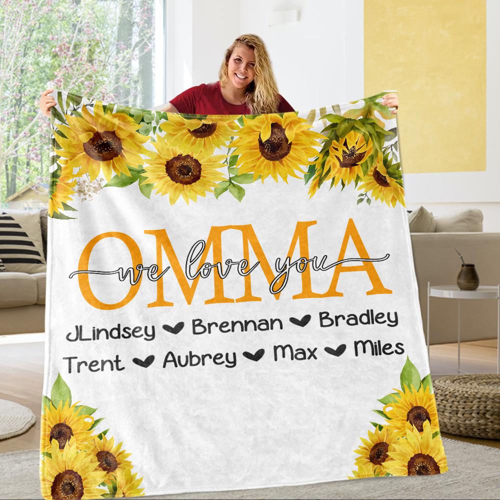 Personalized Sunflower Cozy Plush Fleece Blankets with Your Nick & Kids' Names