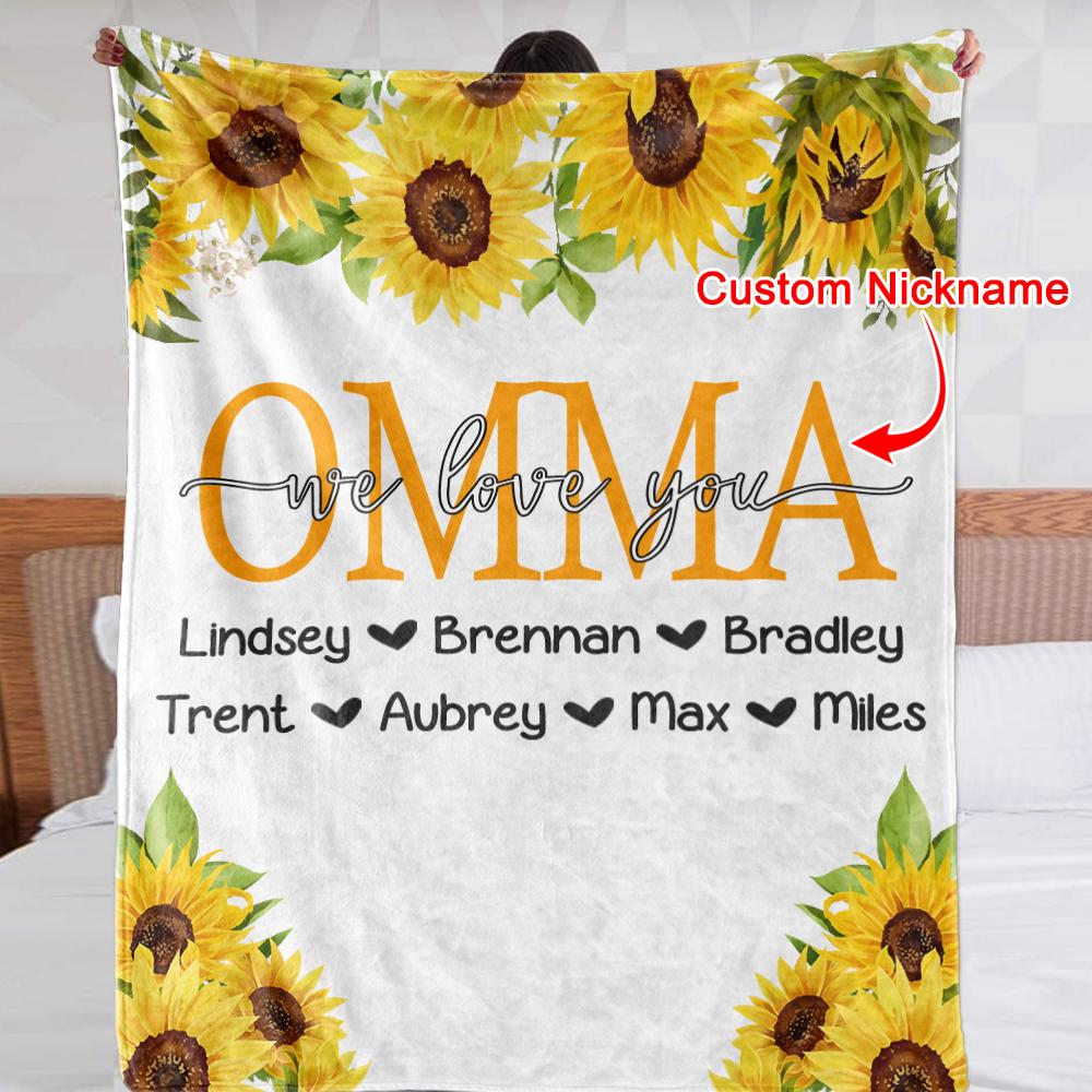 Personalized Sunflower Cozy Plush Fleece Blankets with Your Nick & Kids' Names