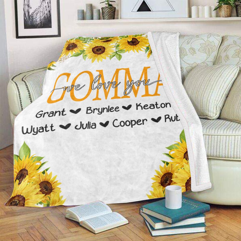 Personalized Sunflower Cozy Plush Fleece Blankets with Your Nick & Kids' Names