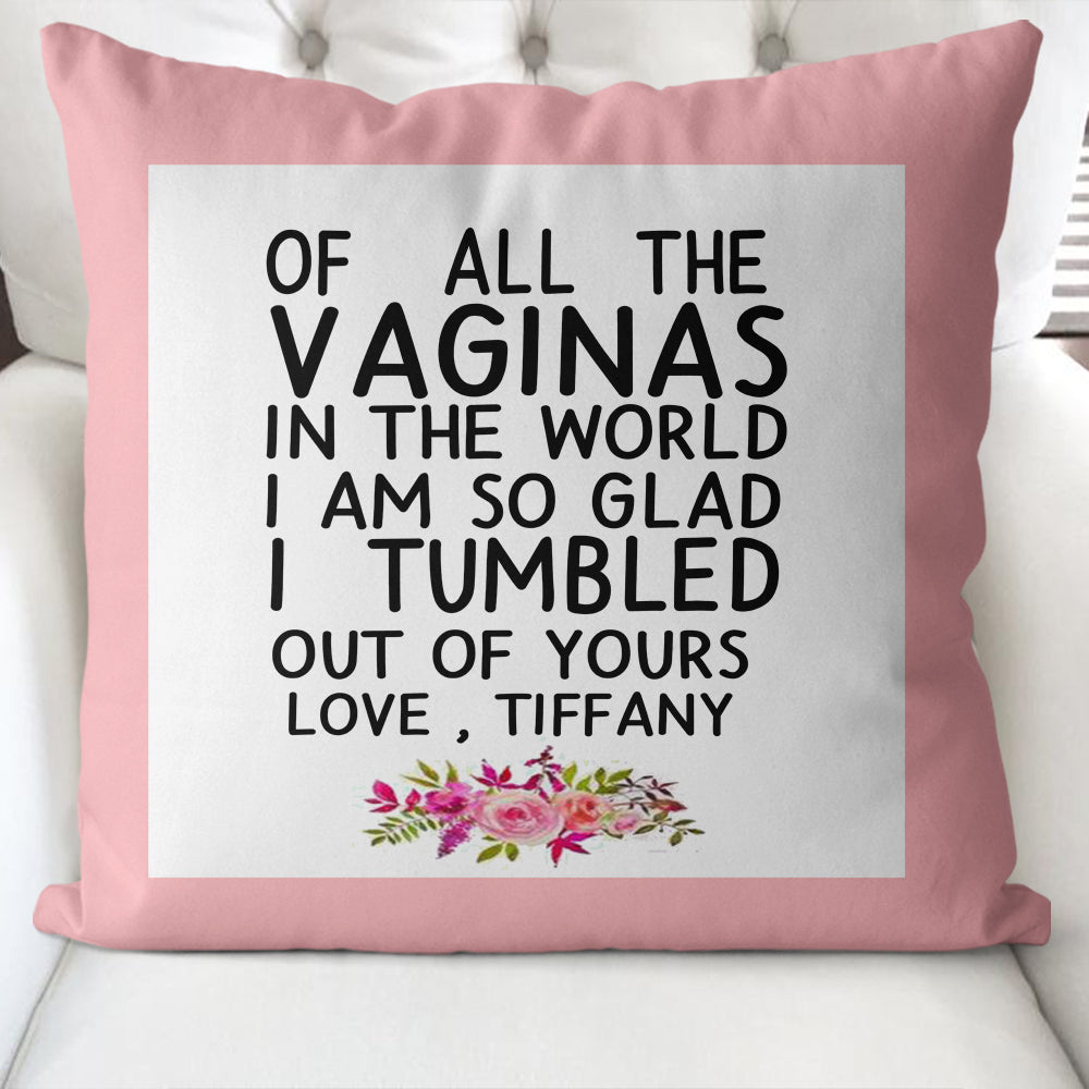 Funny Custom Name Pillow Case – Of All the Vaginas in The World I am So Glad I Tumbled Out of Yours