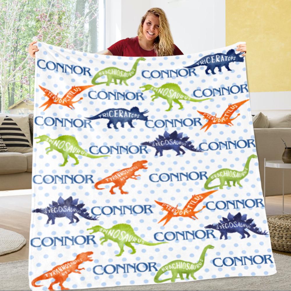 Personalized Name Dinosaur Fleece Blankets, Birthday Gifts, Baby Shower Idea, Baby Nursery Decor