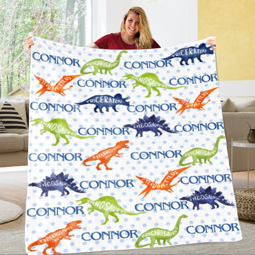 Personalized Name Dinosaur Fleece Blankets, Birthday Gifts, Baby Shower Idea, Baby Nursery Decor