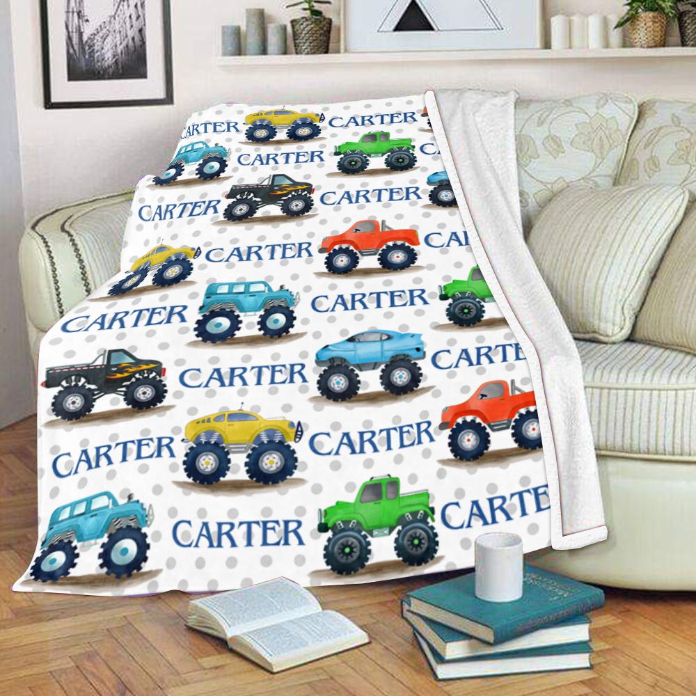 Personalized Name Monster Trucks Fleece Blankets, Birthday Gifts, New Baby Gift, Baby Nursery Decor