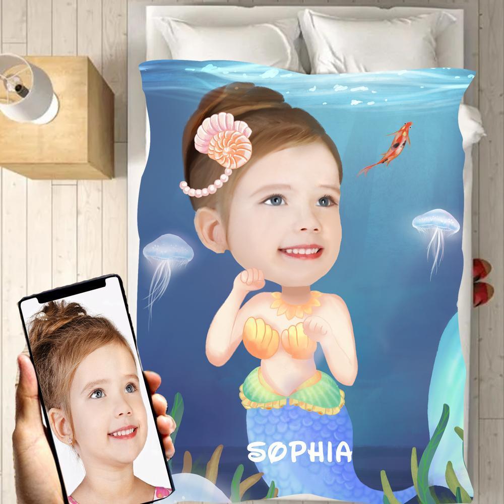 Personalized Mermaid Hand-Drawing Kid's Photo Portrait Fleece Blanket--Made in USA!