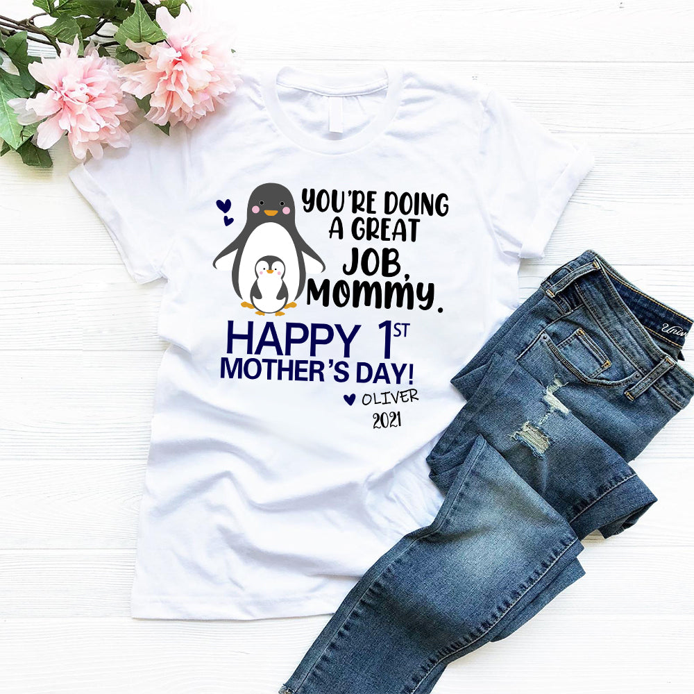 Custom Name Penguin Baby Onesie and Matching Mom Shirt - Perfect Mother's Day Gift