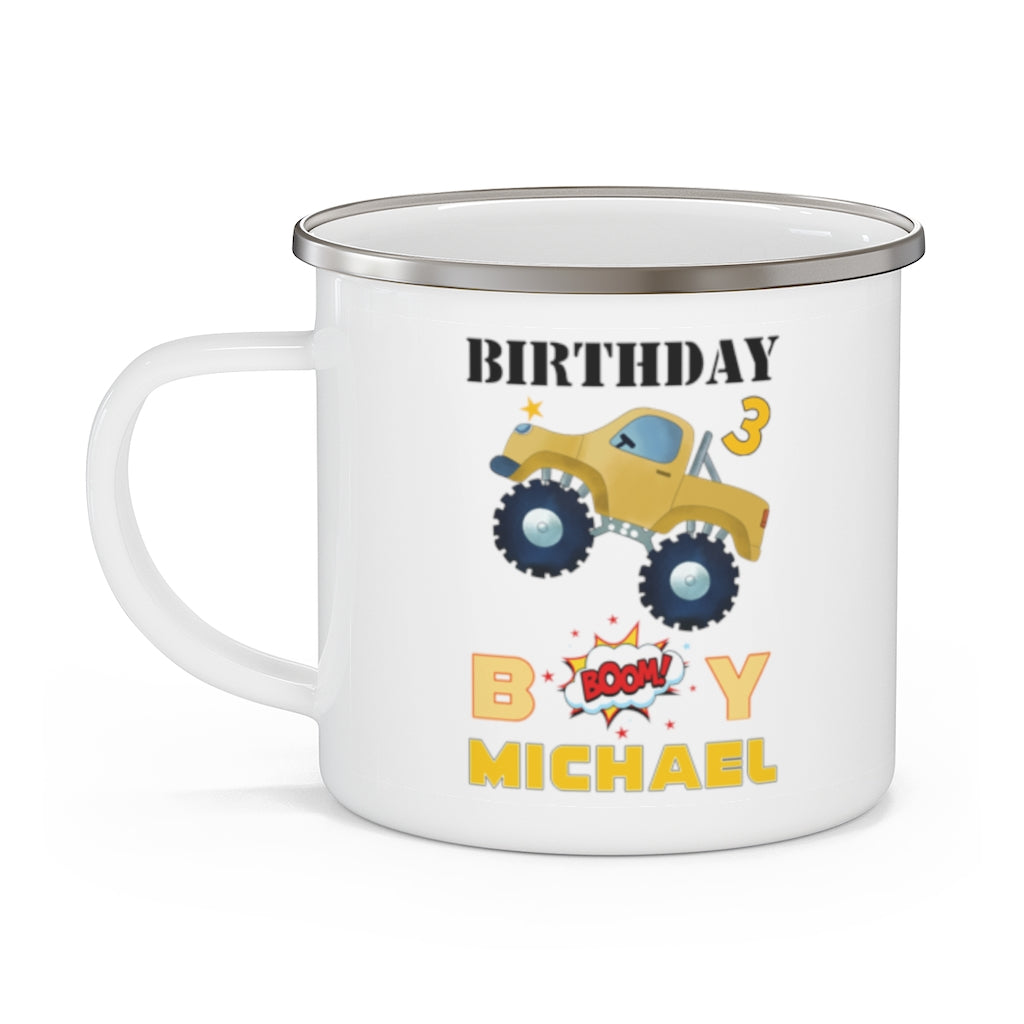 Custom Name Monster Truck Children's Birthday Enamel Campfire Mug V