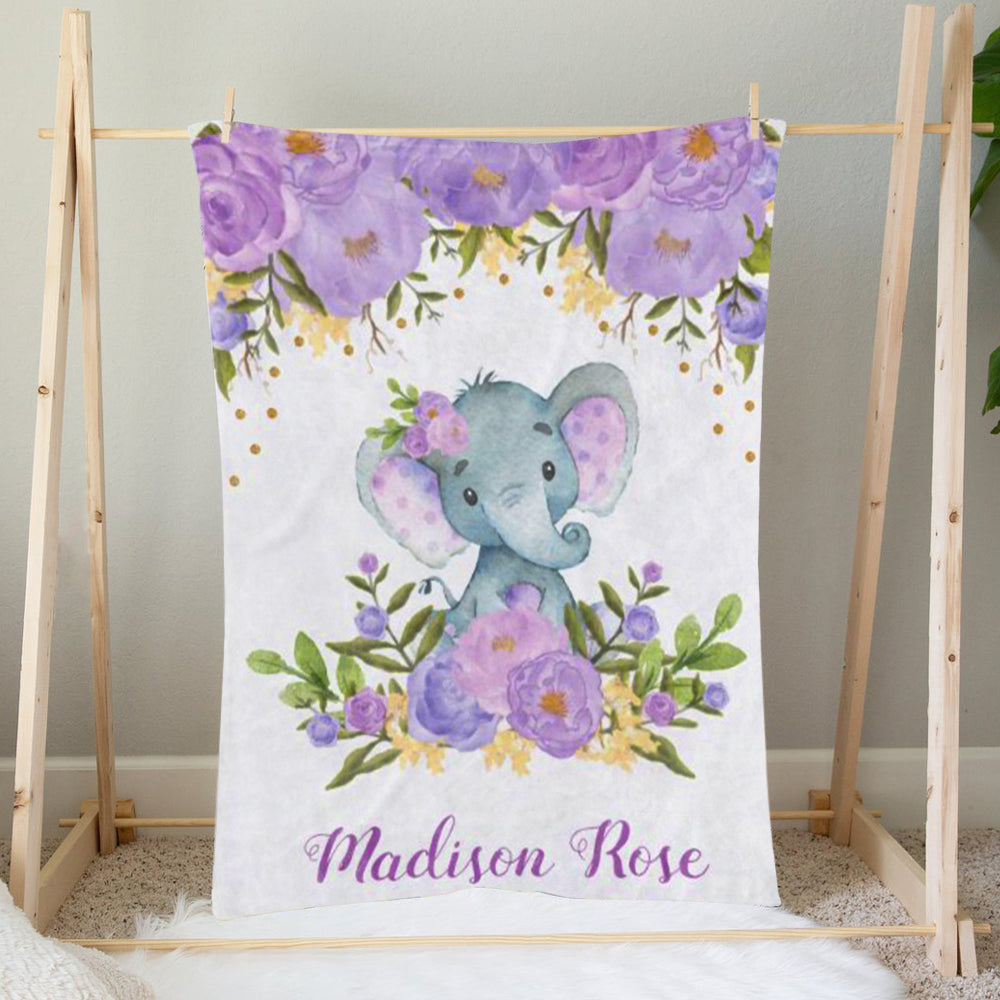 Custom Name Elephant Baby Girl Blanket