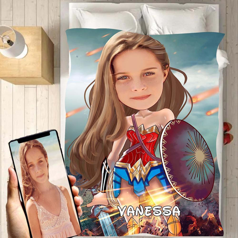 Personalized Wonder Woman Hand-Drawing Kid's Photo Portrait Fleece Blanket--Made in USA!