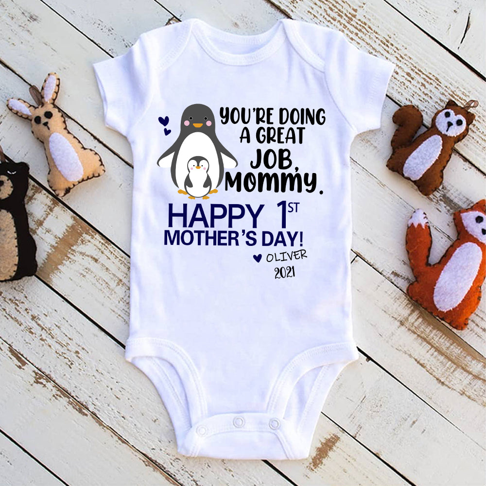 Custom Name Penguin Baby Onesie and Matching Mom Shirt - Perfect Mother's Day Gift