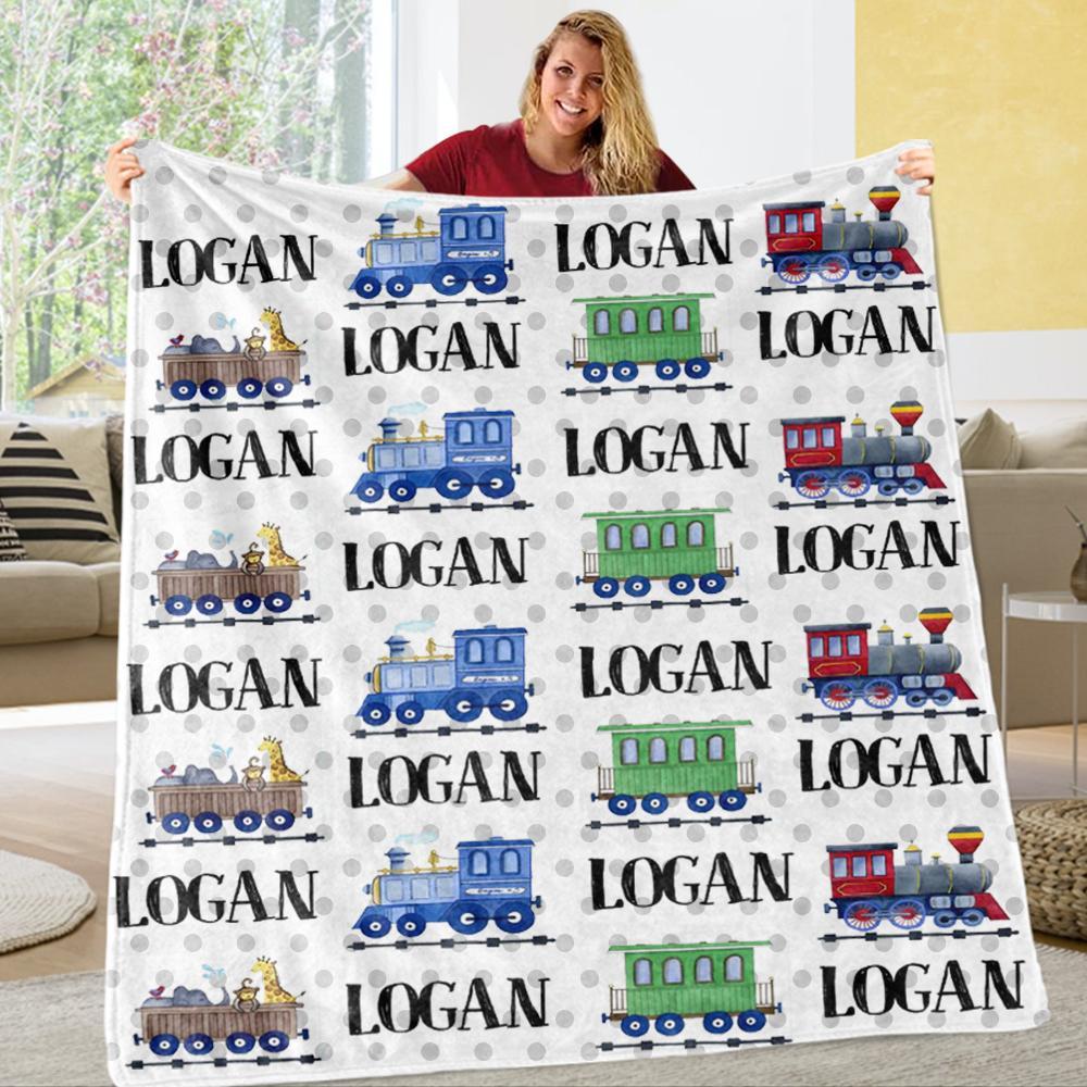 Personalized Name Train Cozy Plush Fleece Blankets