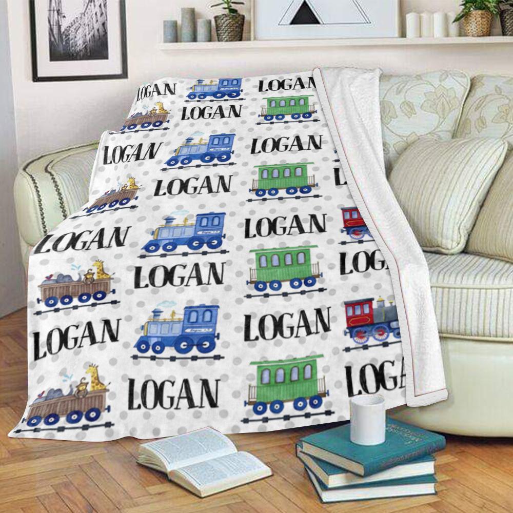 Personalized Name Train Cozy Plush Fleece Blankets