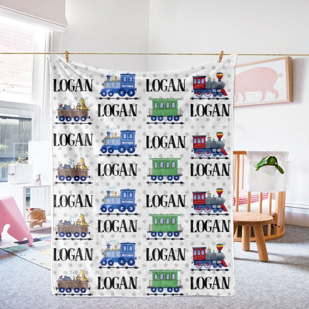 Personalized Name Train Cozy Plush Fleece Blankets