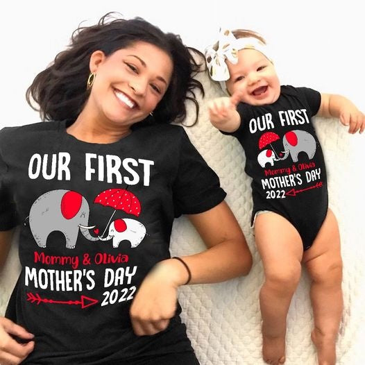 Personalized Baby Onesie & Mom T-shirts Black - Elephant