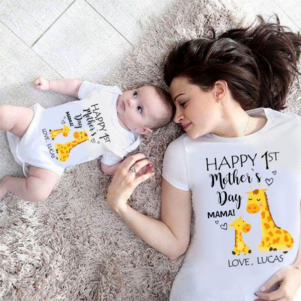 Custom Giraffe Mother's Day Baby Onesies and Matching Mom Shirts