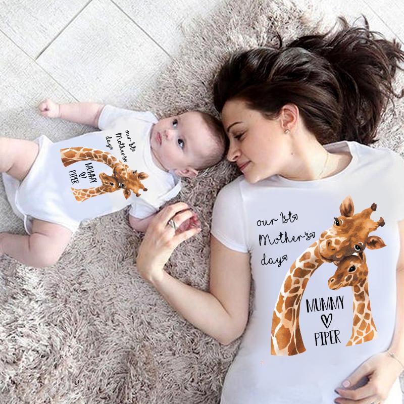 Custom Giraffe Mother's Day Baby Onesies and Matching Mom Shirts