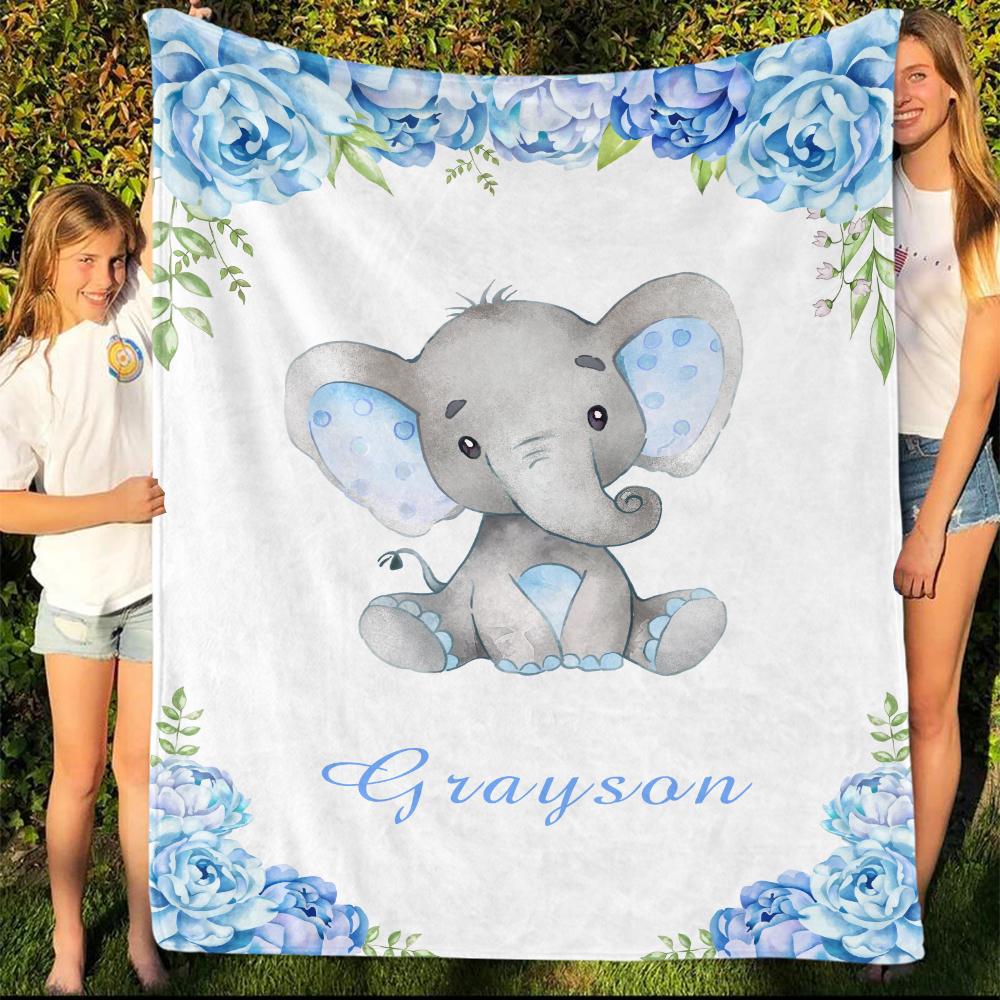 Personalized Name Baby Elephant Fleece Blankets with Blue Flowers