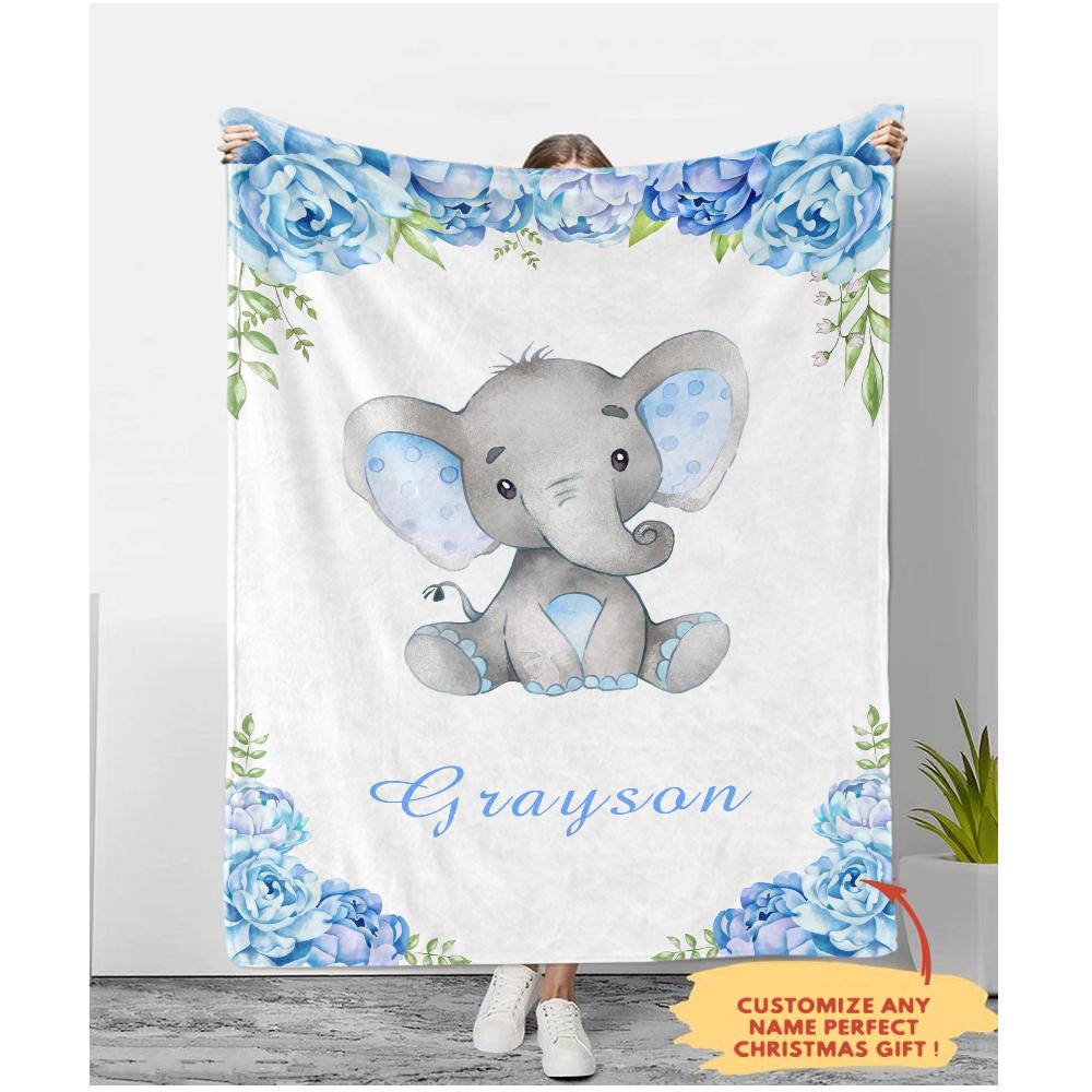 Personalized Name Baby Elephant Fleece Blankets with Blue Flowers