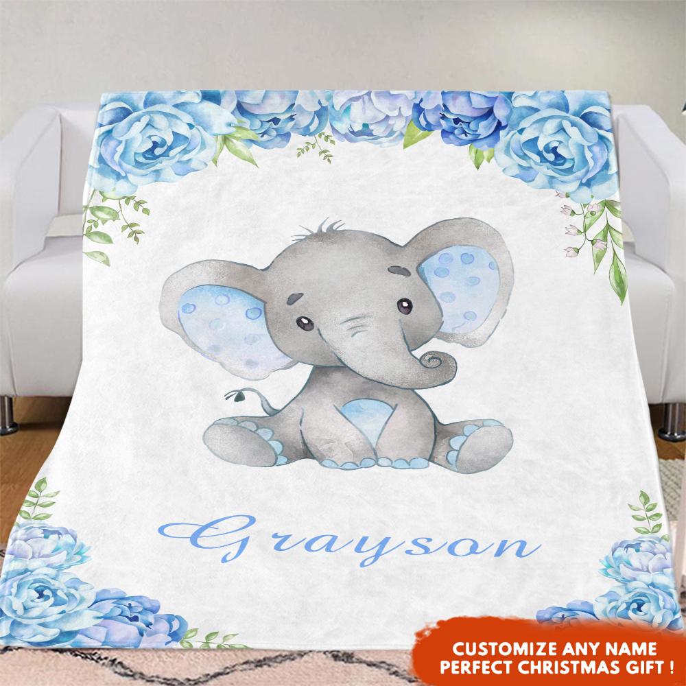 Personalized Name Baby Elephant Fleece Blankets with Blue Flowers