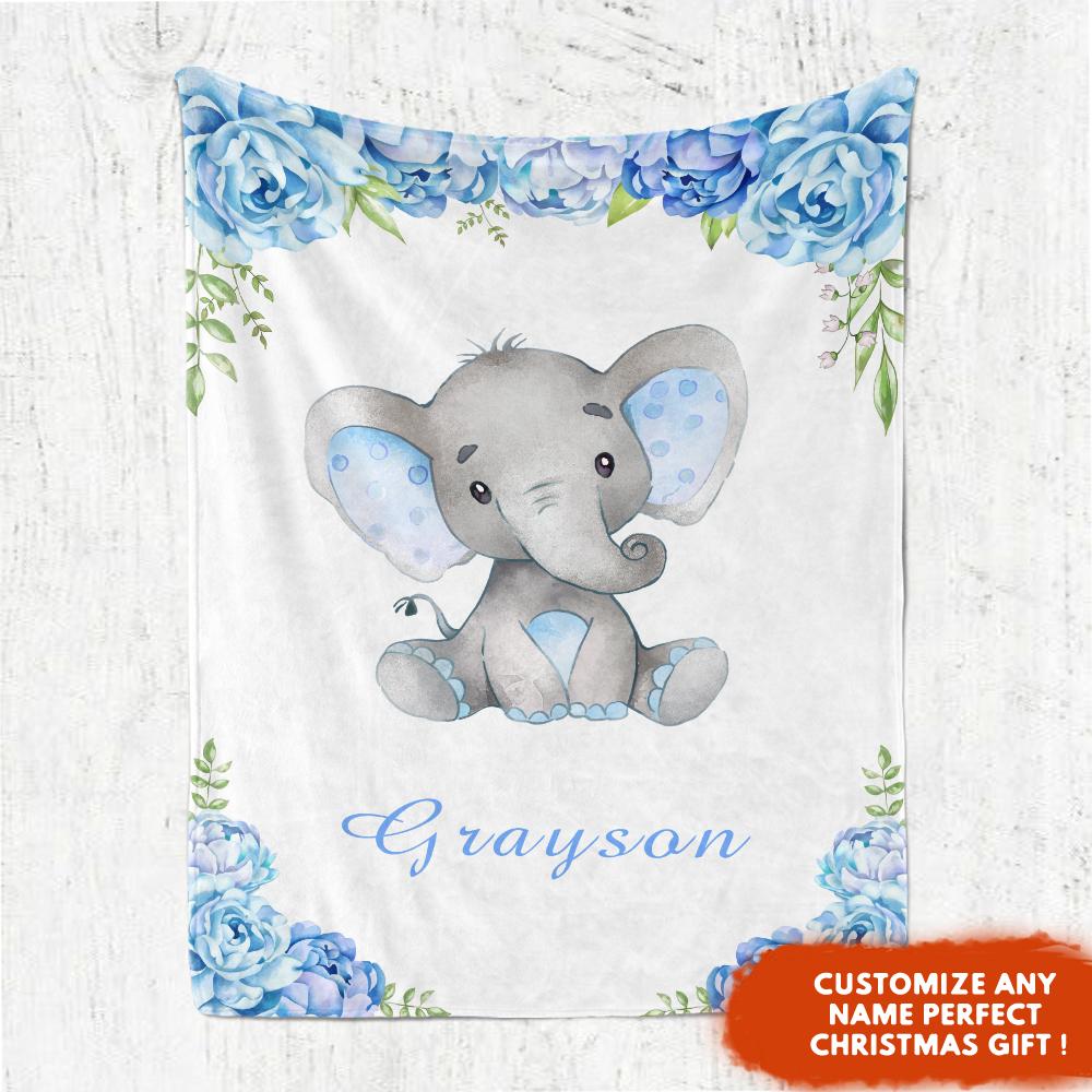 Personalized Name Baby Elephant Fleece Blankets with Blue Flowers