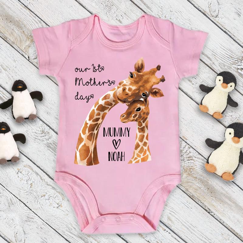Custom Giraffe Mother's Day Baby Onesies and Matching Mom Shirts