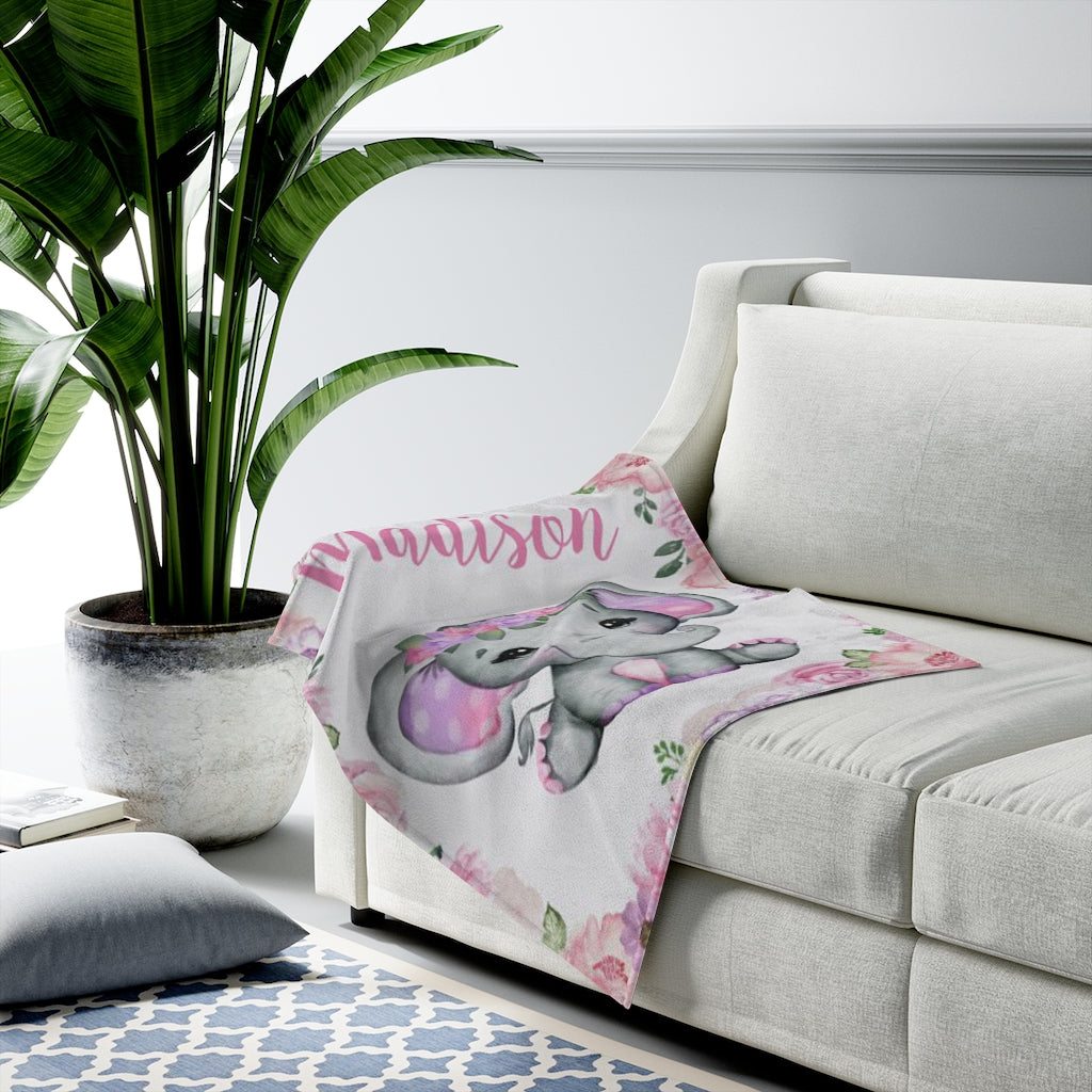 Custom Name Elephant Baby Girl Blanket